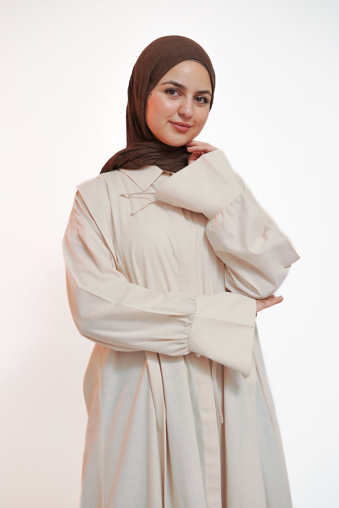 Beige Flow Tie Linen Dress