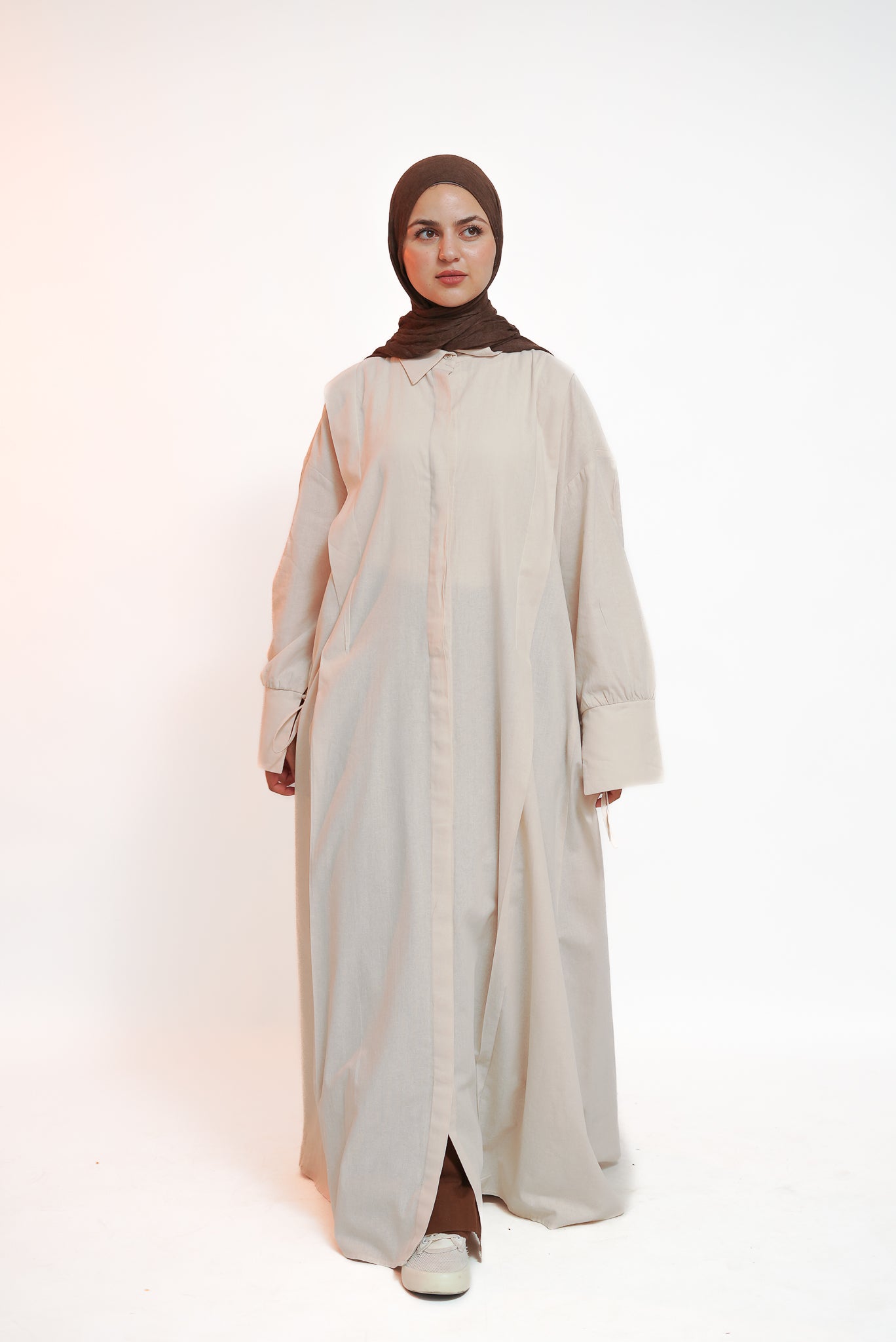 Beige Flow Tie Linen Dress