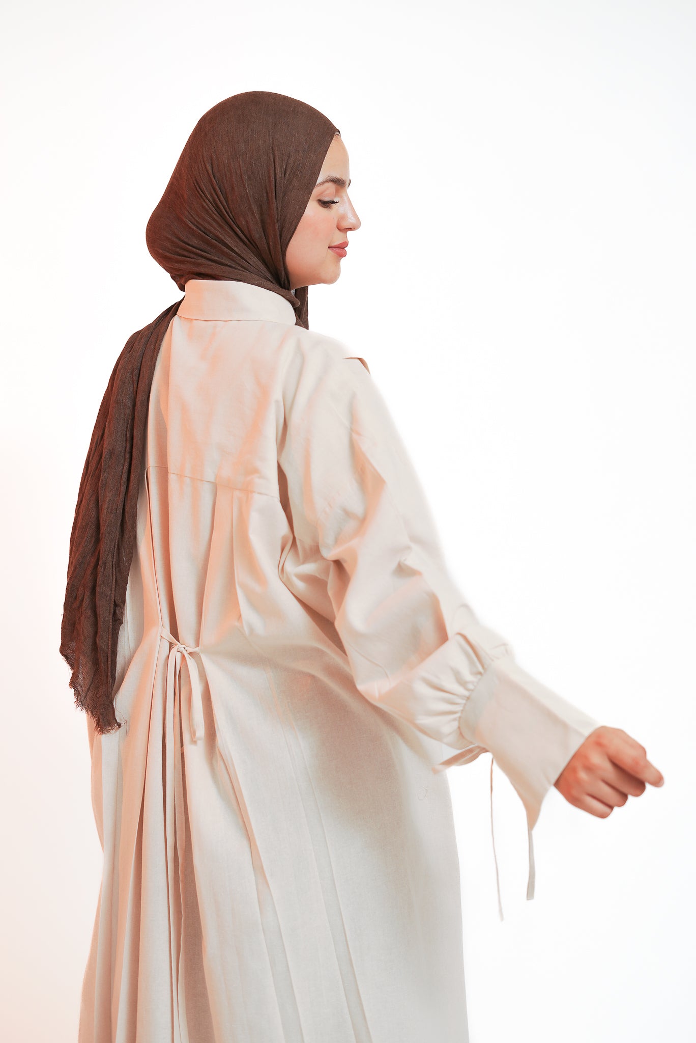 Beige Flow Tie Linen Dress